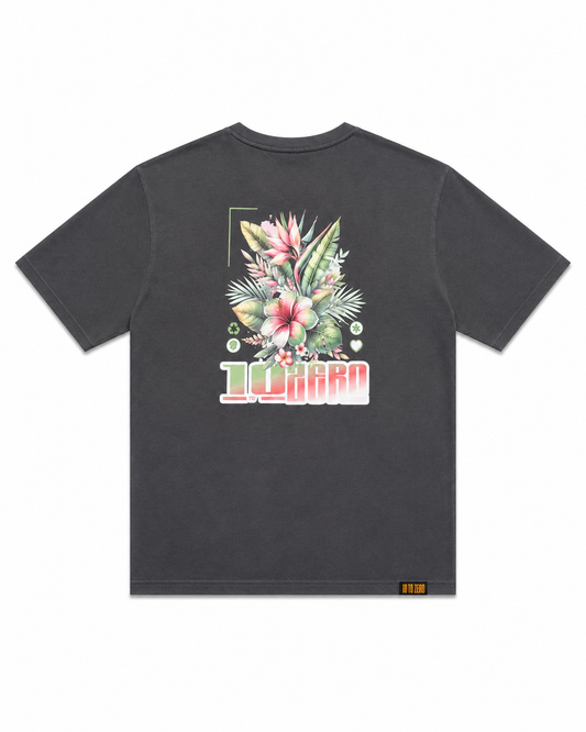 Exotique Tee in Asphalt – back view with tropical flower and leaf bloom print in pink and green over 10 to Zero logo