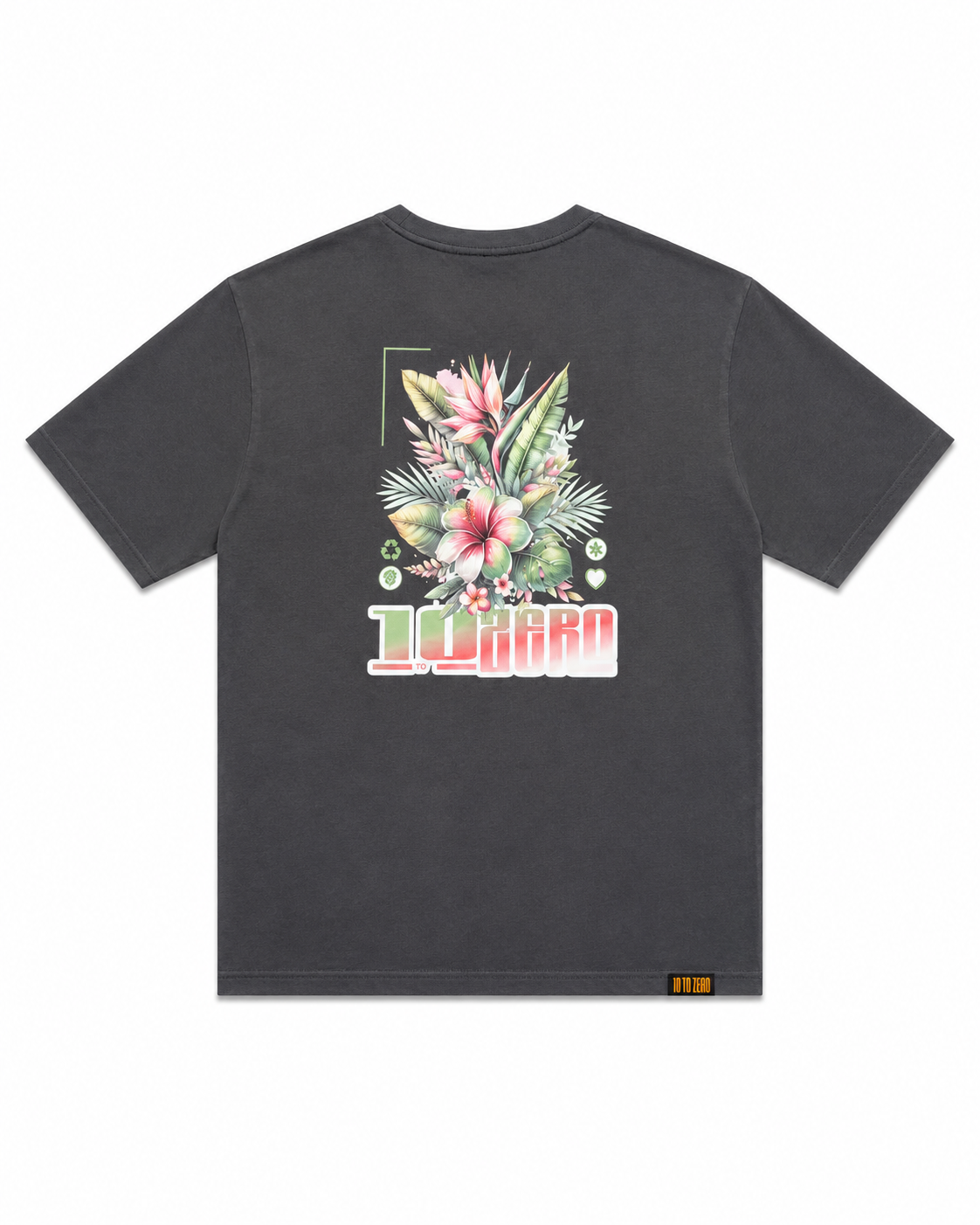 Exotique Tee in Asphalt – back view with tropical flower and leaf bloom print in pink and green over 10 to Zero logo