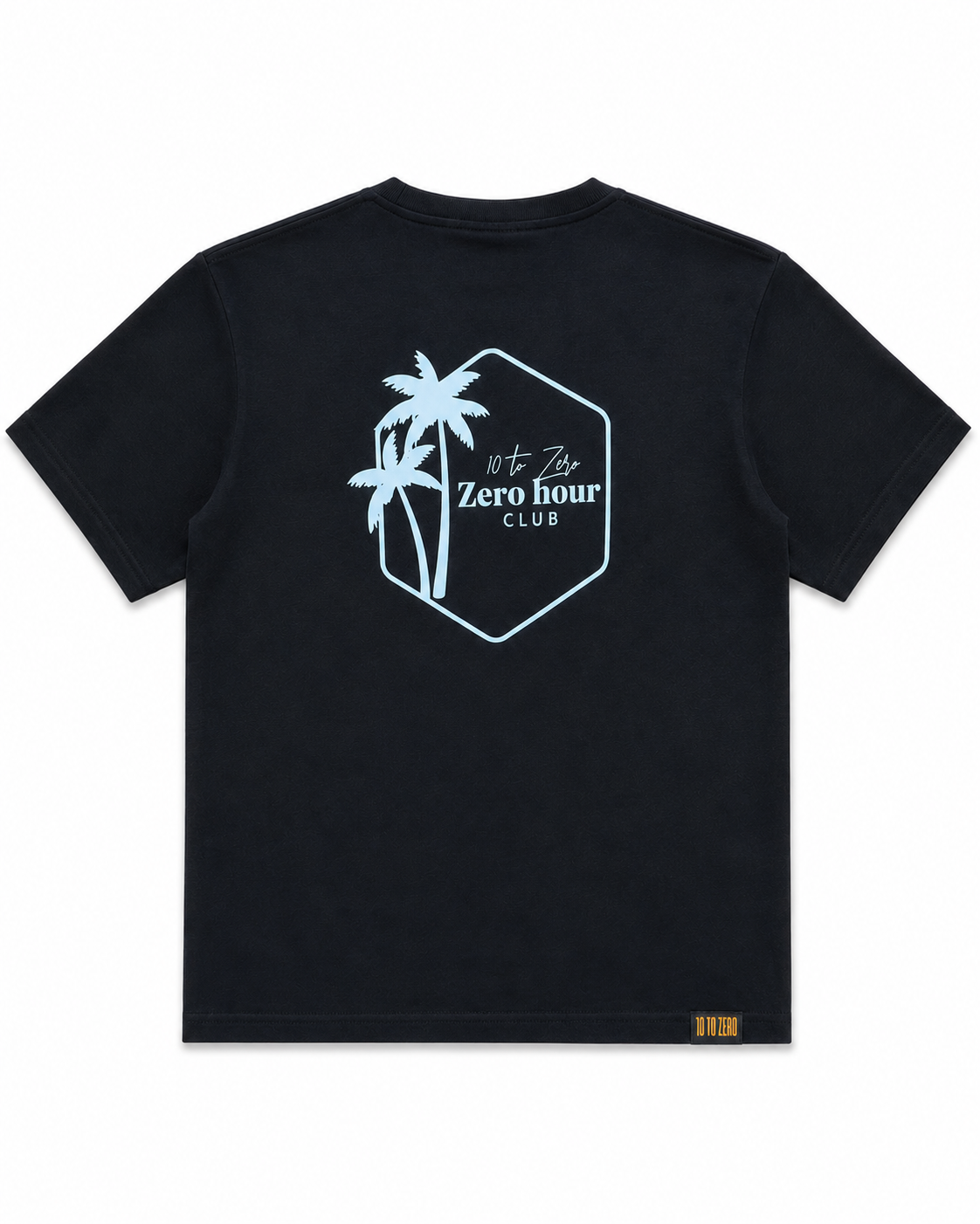 The Island Edit Tee in Black – back view with Zero Hour Club palm tree graphic print