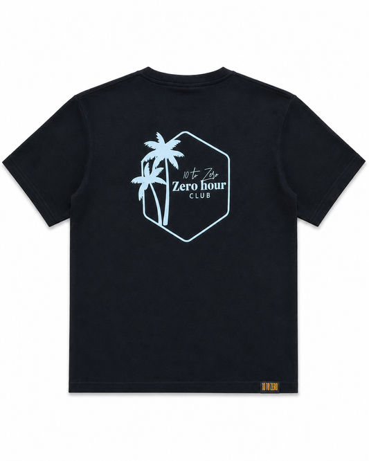 The Island Edit Tee in Black – back view with Zero Hour Club palm tree graphic print