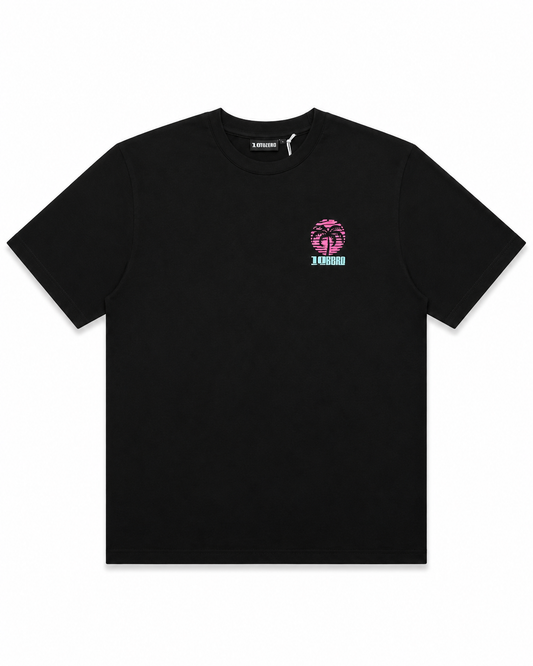 Palm Society Tee in Black – front view loose fit men's cotton tee
