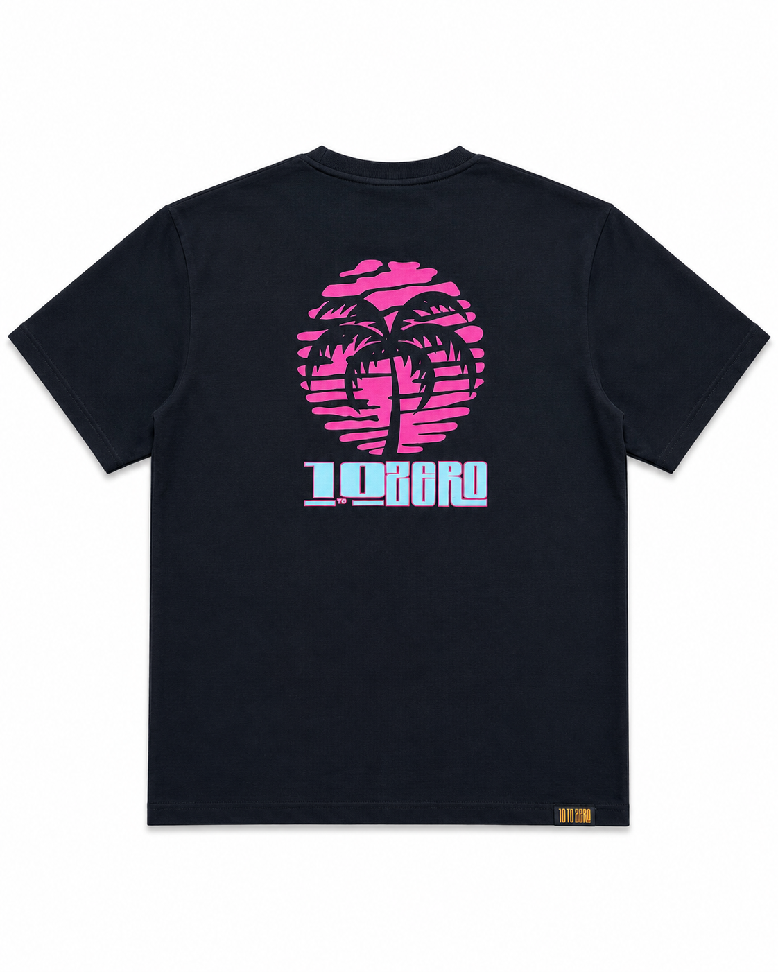 Palm Society Tee in Black – back view with retro sunset palm tree print in pink and mint, 10 to Zero graphic