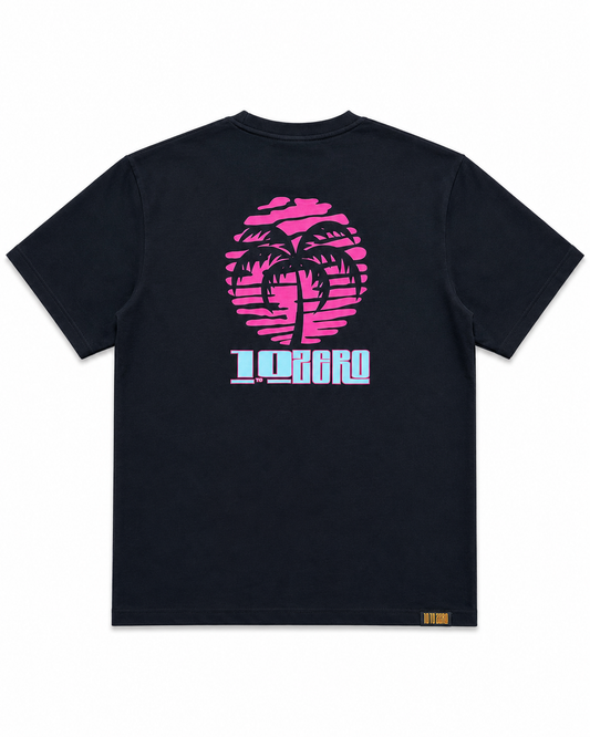 Palm Society Tee in Black – back view with retro sunset palm tree print in pink and mint, 10 to Zero graphic