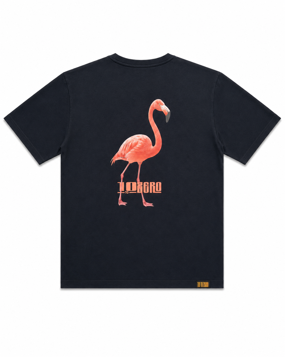 Tropic Mode Tee in Black – back view with large realistic flamingo print and 10 to Zero logo