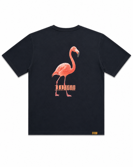 Tropic Mode Tee in Black – back view with large realistic flamingo print and 10 to Zero logo